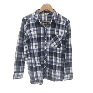 Woolrich Mens Flannel Plaid Blue White Black Button Down Large Cotton